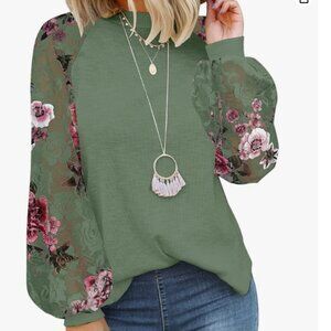 MIHOLL BLOUSE OLIVE TEXTURED STRETCH W/FLORAL LACE LANTERN SLEEVES WOMENS SZ M